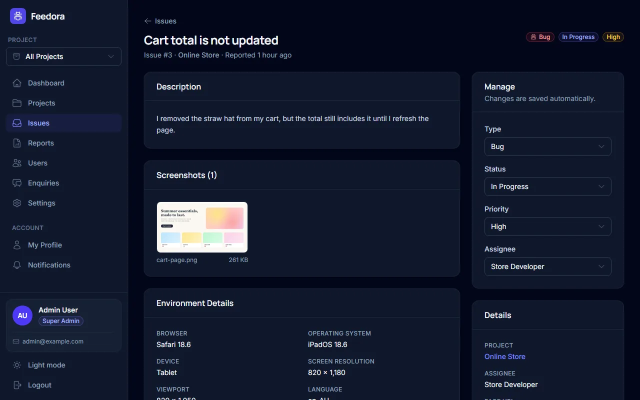 Issue detail page with the description, screenshots and technical details