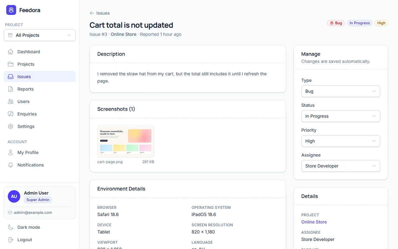 Issue detail page with the description, screenshots and technical details