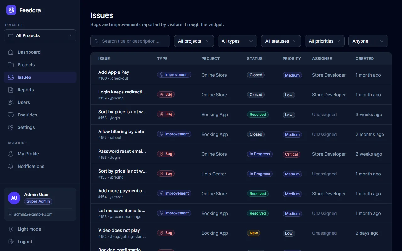 Issue list with type, project, status and priority columns and filters
