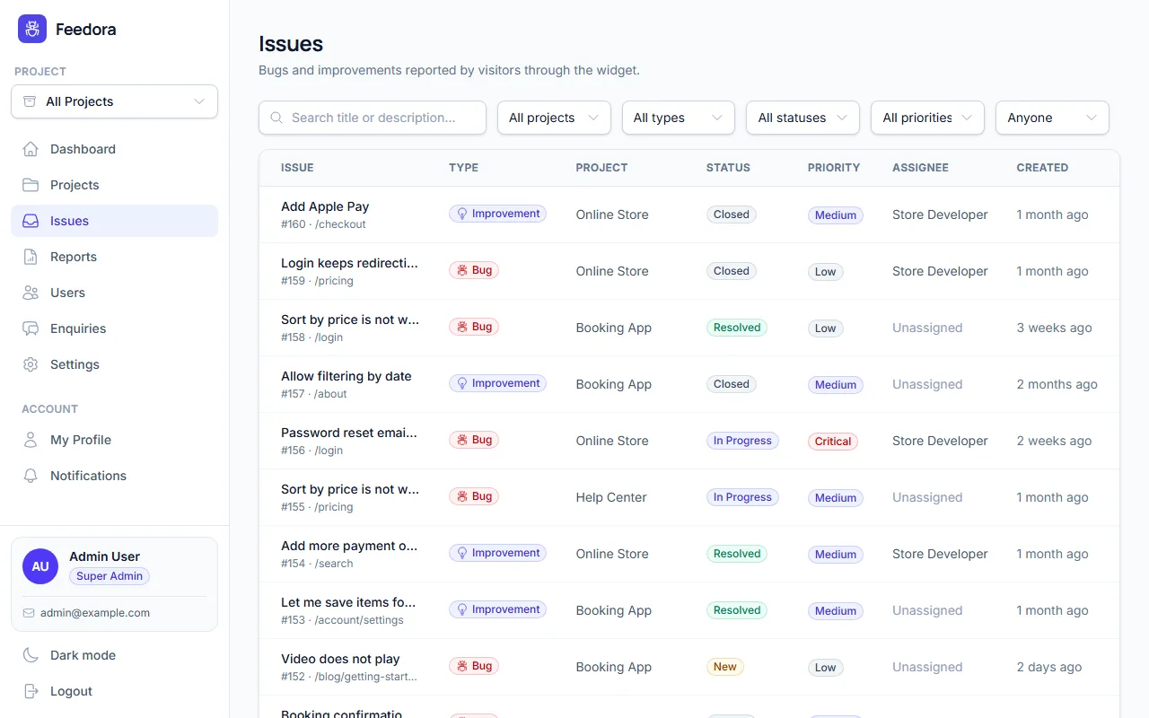 Issue list with type, project, status and priority columns and filters