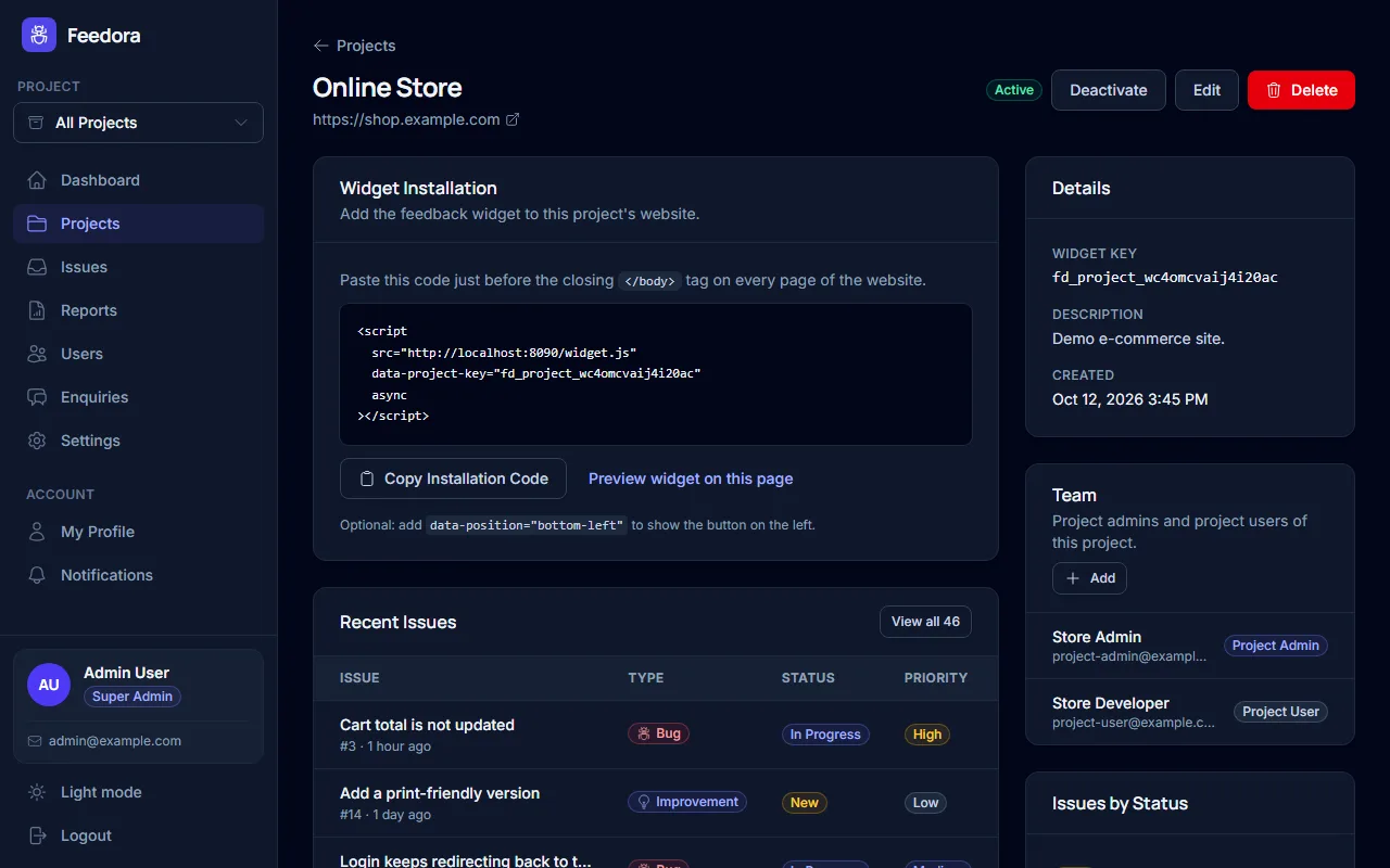 Project page with the widget installation snippet