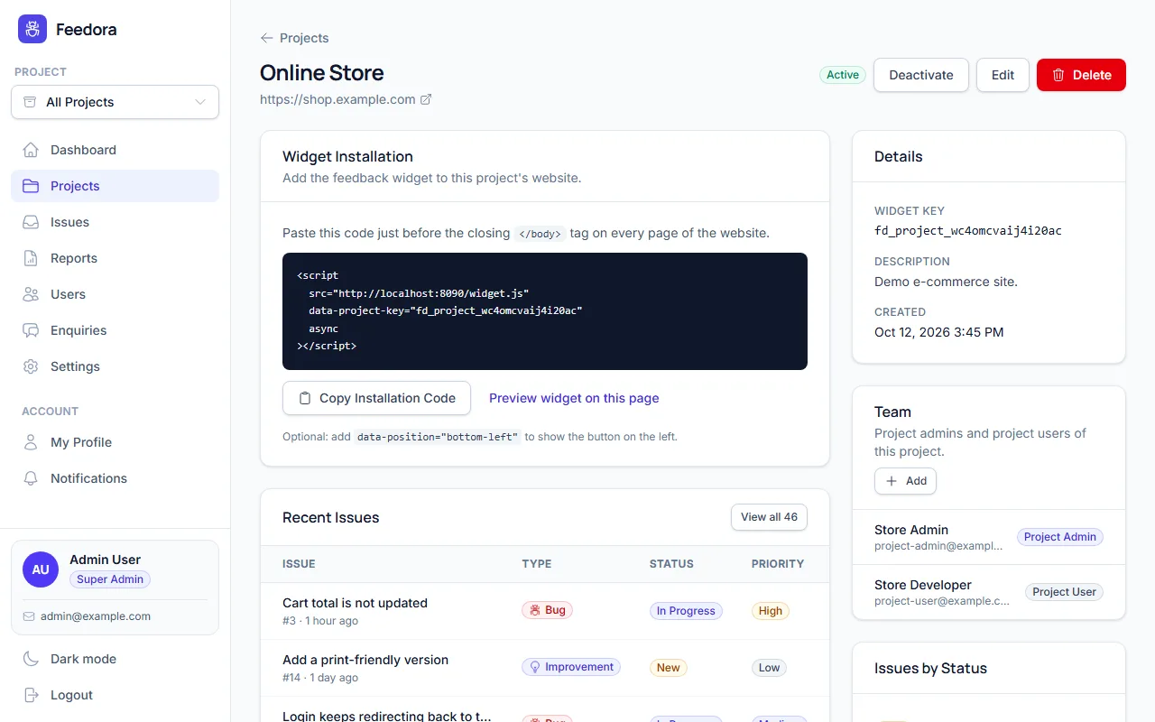Project page with the widget installation snippet