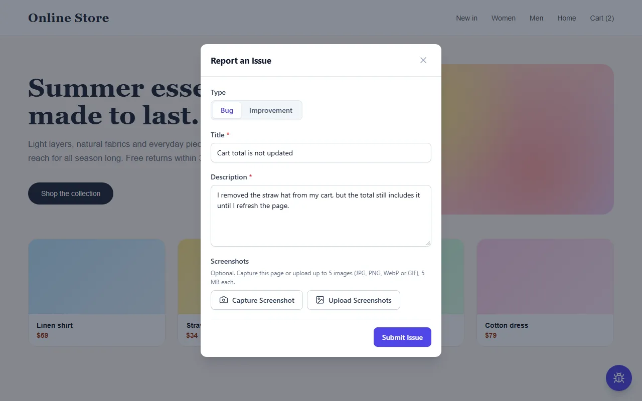 Feedback widget open on a website, with type, title, description and screenshot fields